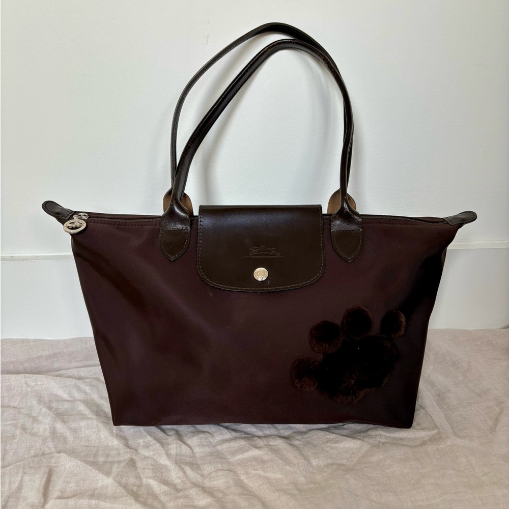 Longchamp Dark Brown Shoulder Bag w/ Real Fur Paw Print